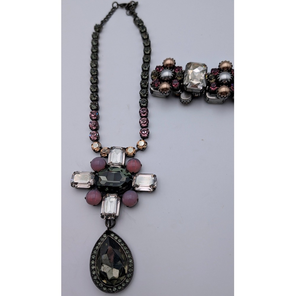 Statement‎ Crystal Necklace and Stretch Bracelet Set Gunmetal Mauve Grey Gothic